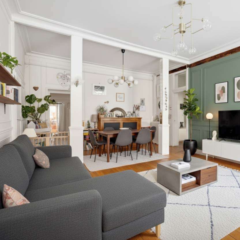 Vue du séjour d'un appartement décoré à Versailles Saint Louis